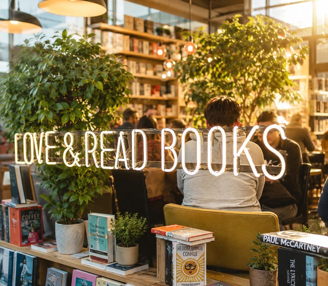 Enseigne lumineuse « Love & Read Books » dans une librairie